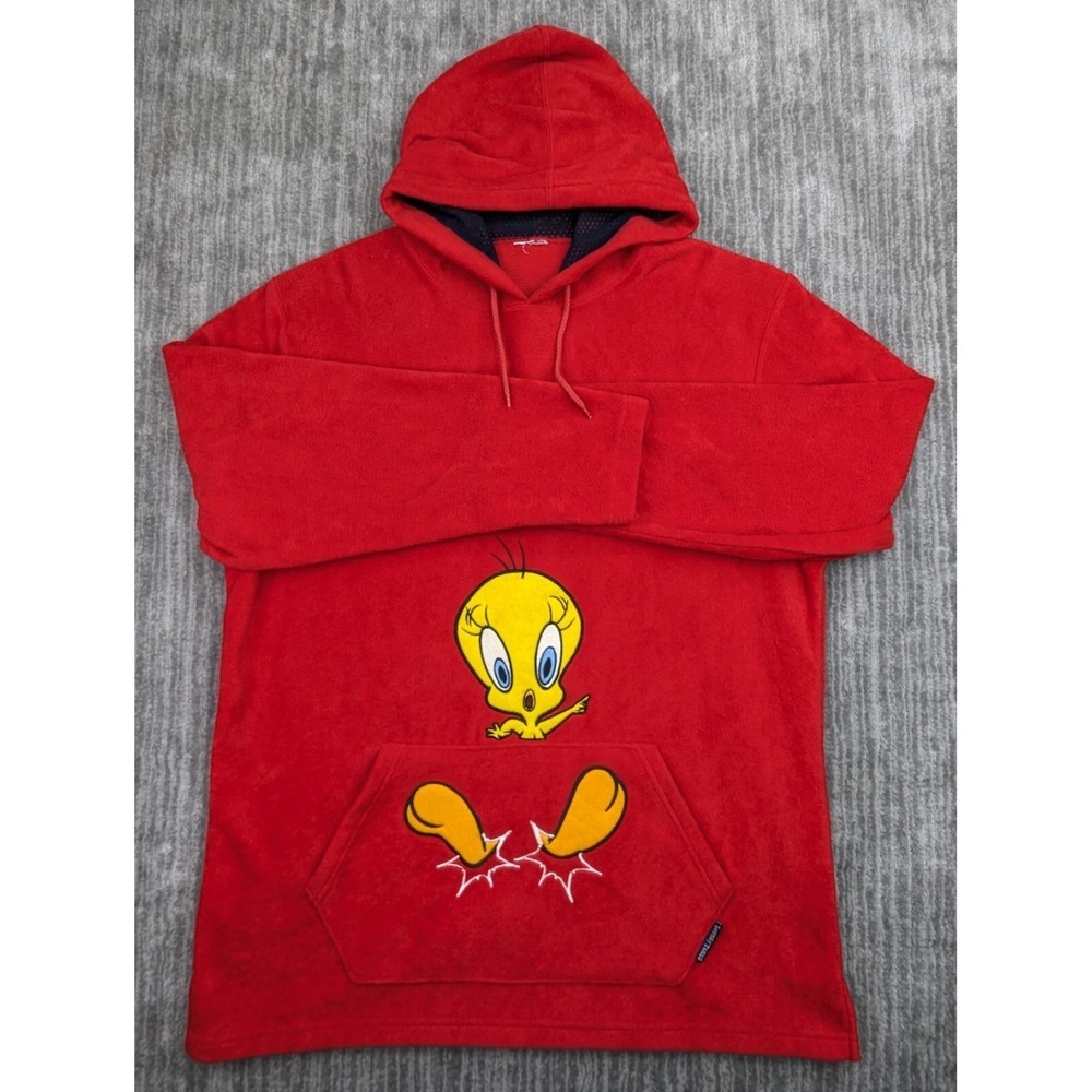 Vintage 90s Looney Tunes Tweety Bird Pullover Fleece Hoodie Size XL OSFA Red